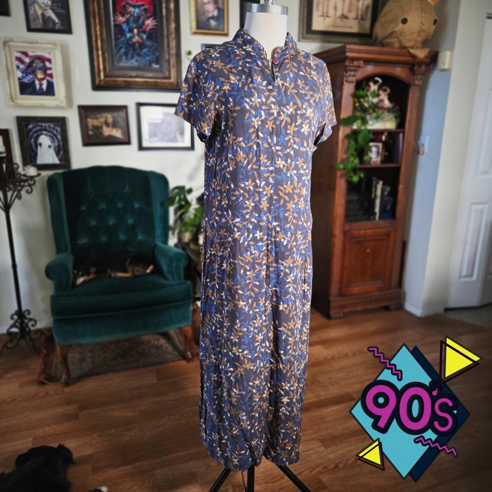Vintage 90s Blue Ginger Hawaiian Floral Dark Blue Midi Dress Mandarin Collar
